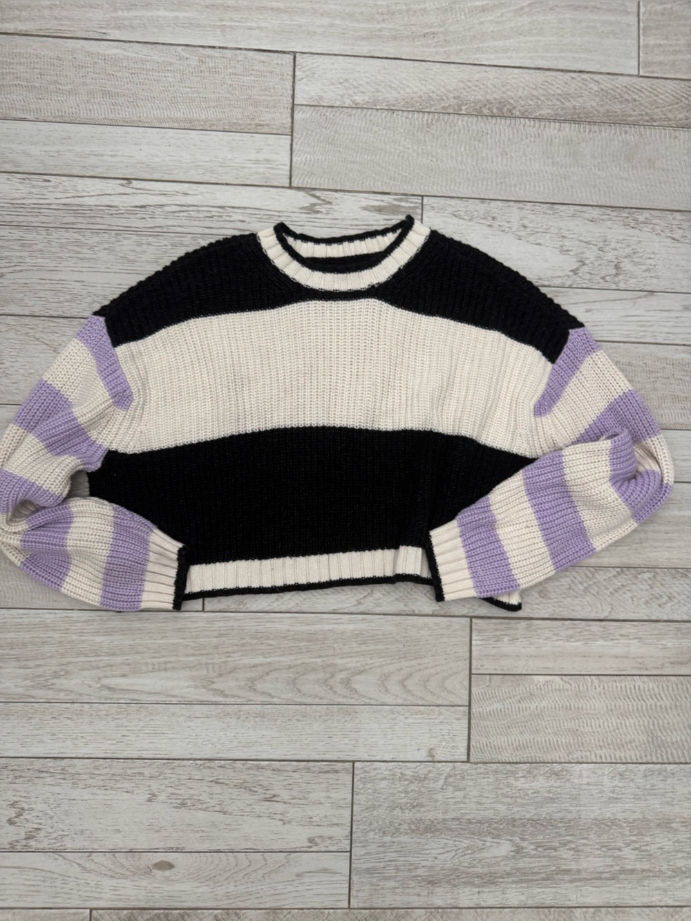 American Eagle Outfitters Striped Crewneck Sweater in Black, Cream & Lavender